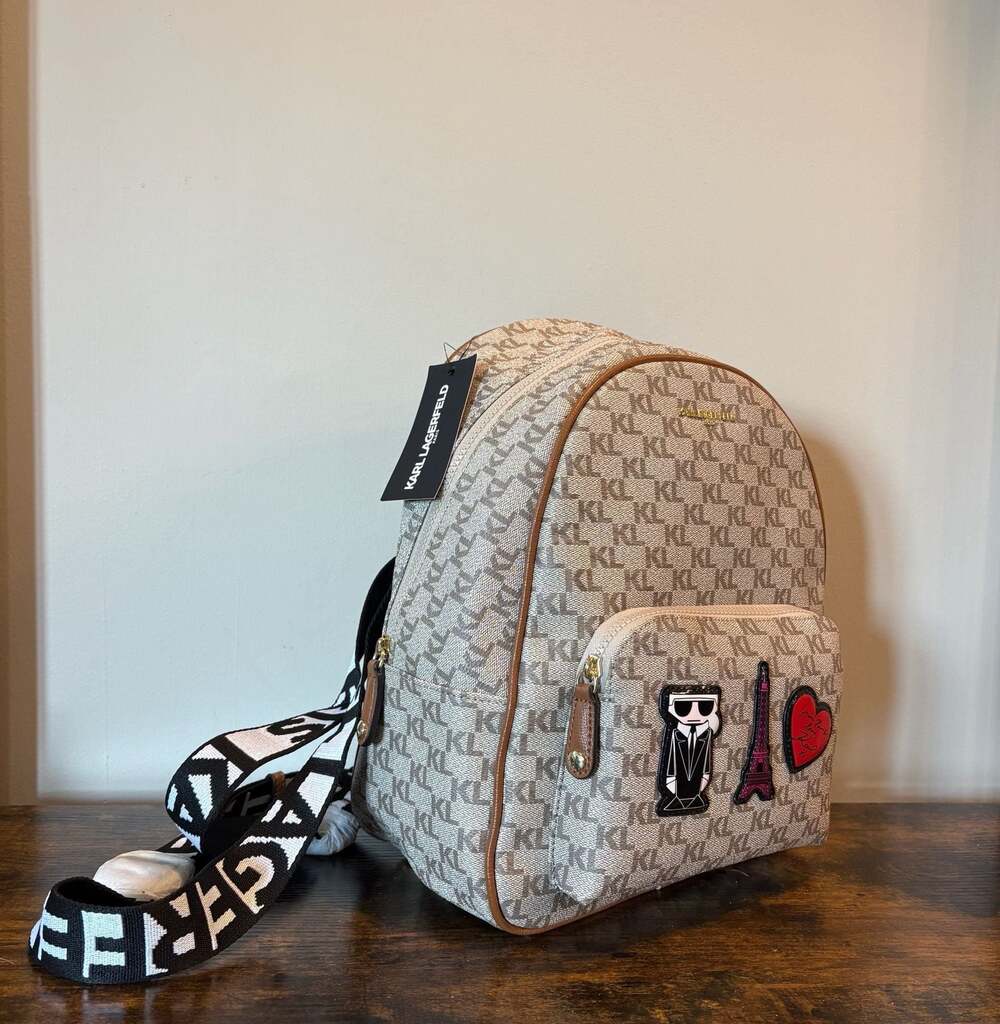 NWT Karl Lagerfeld Paris Khloe Monogram Patch Backpack Beige Brown